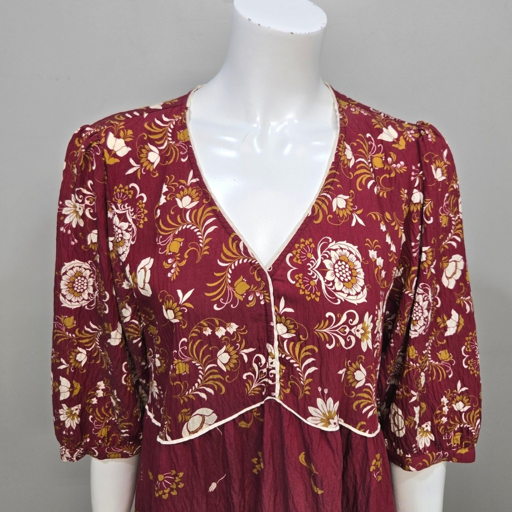 Figueroa & Flower Midi Dress Large Burgundy Floral Boho Peasant Cottage Romantic - Picture 4 of 9